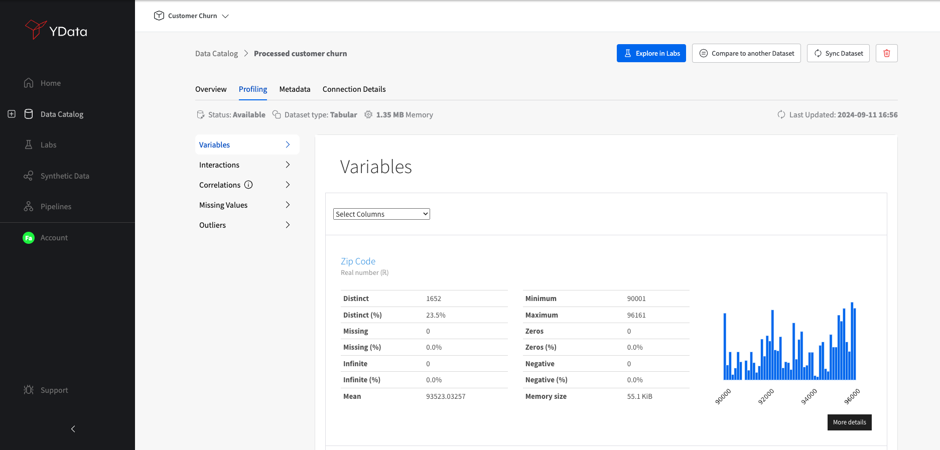 YData Fabric Profiling tab