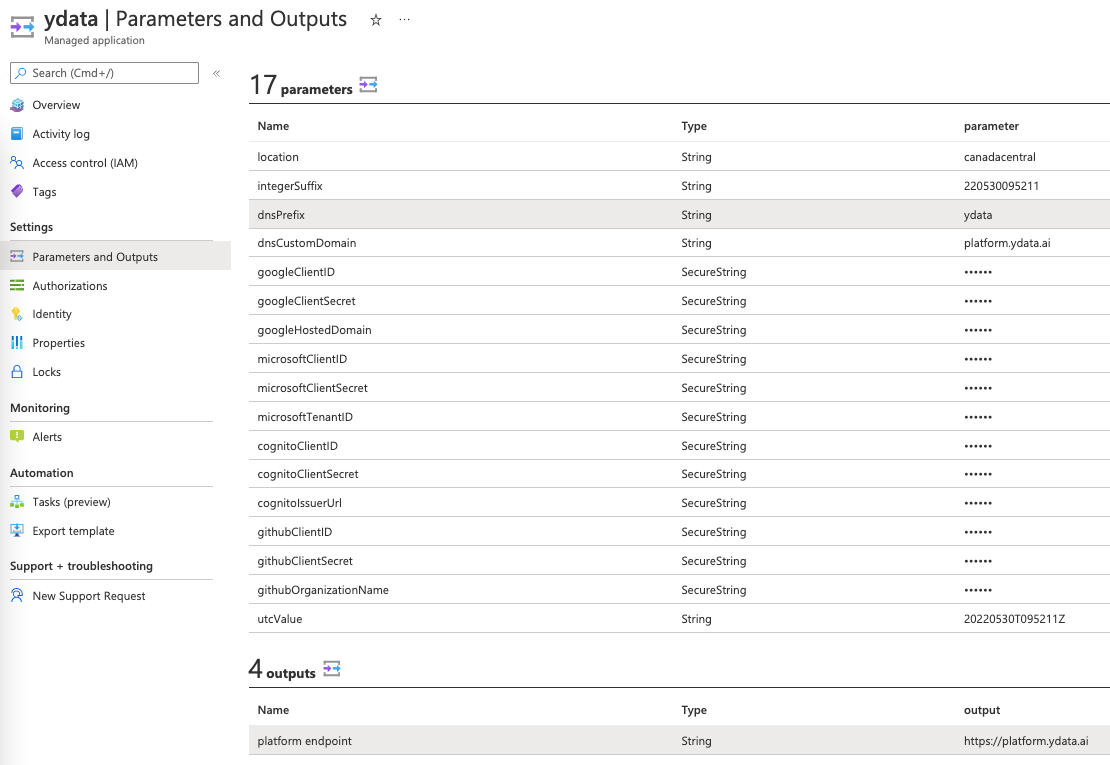 azure parameters YData Fabric