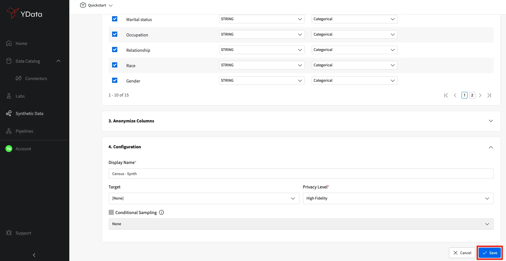 Save Synthetic Data configurations